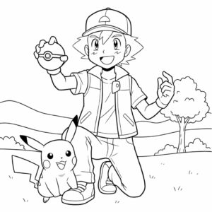 Kleurplaat Ash Ketchum en Pikachu klaar voor het avontuur