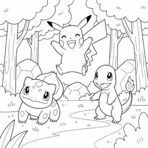 Kleurplaat Pikachu, Charmander en Bulbasaur in het bos