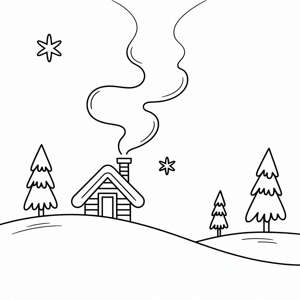 Eenvoudig winterhuis op heuvel kleurplaat