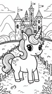 Licorne coloriage château debout