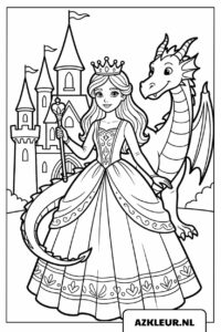 Princesa con dragón junto al castillo — página para colorear