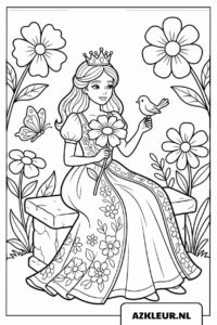 Princesa en un banco con un pajarito: página para colorear gratis