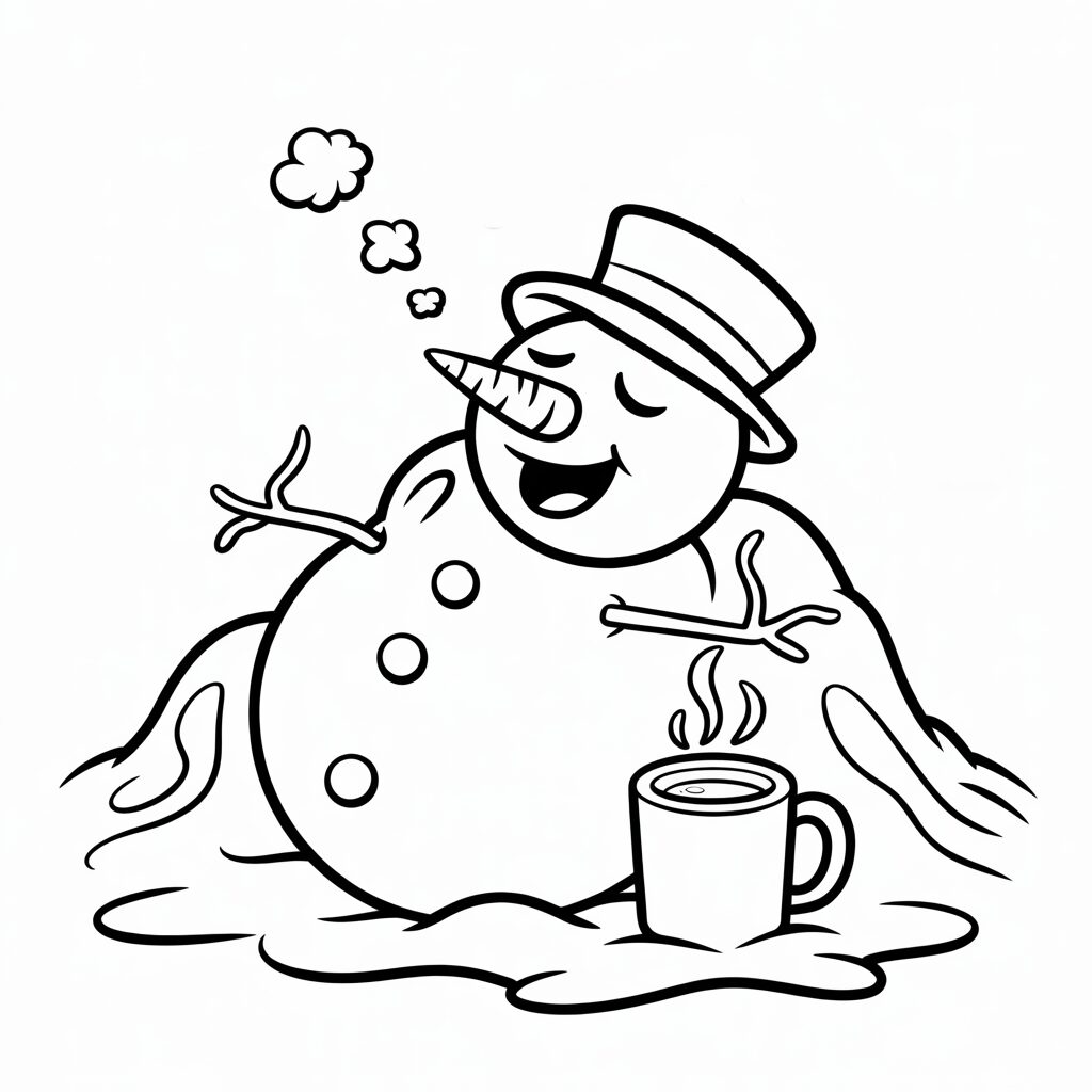 Smeltende sneeuwpop met warme chocolademelk kleurplaat