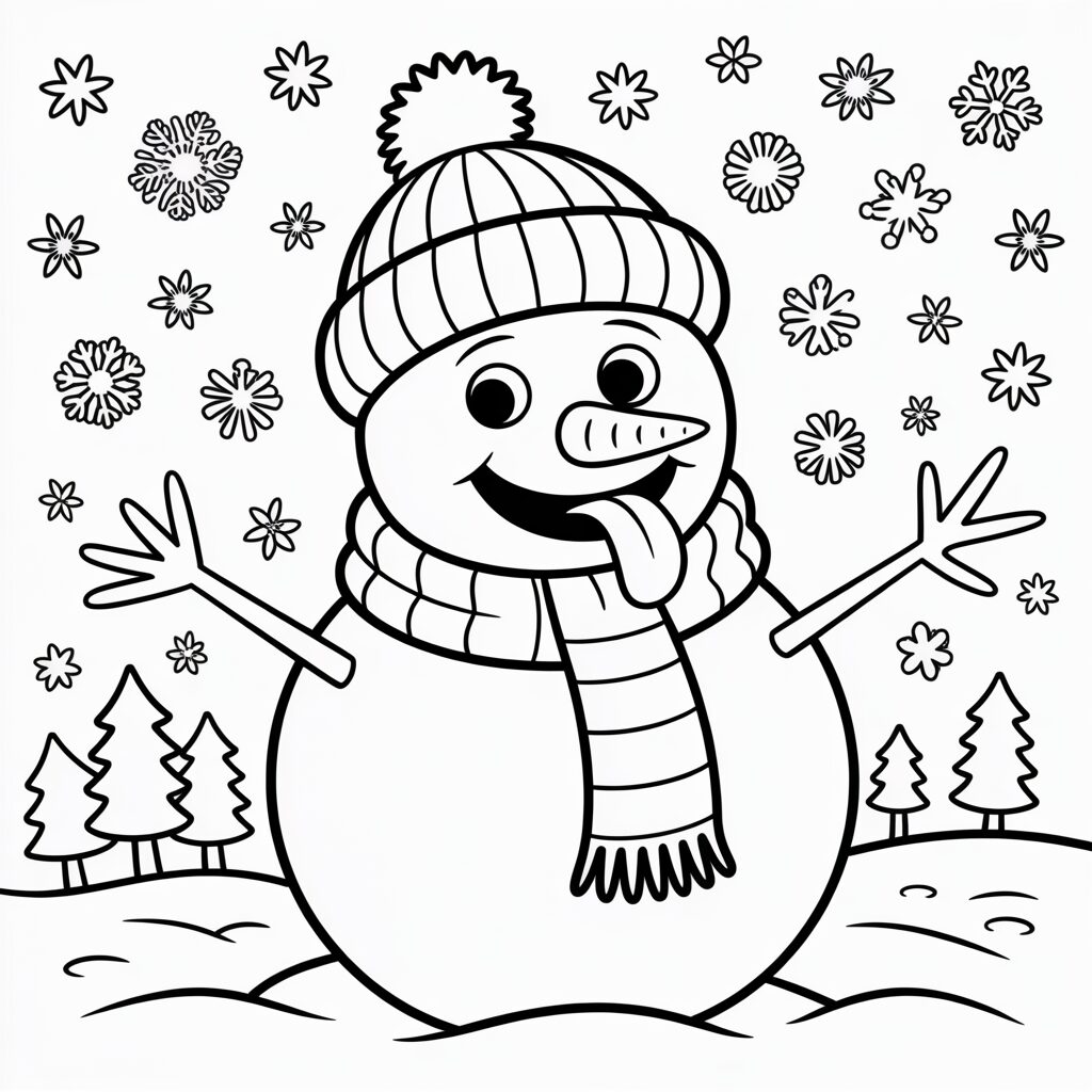 Sneeuwpop vangt sneeuwvlokken kleurplaat