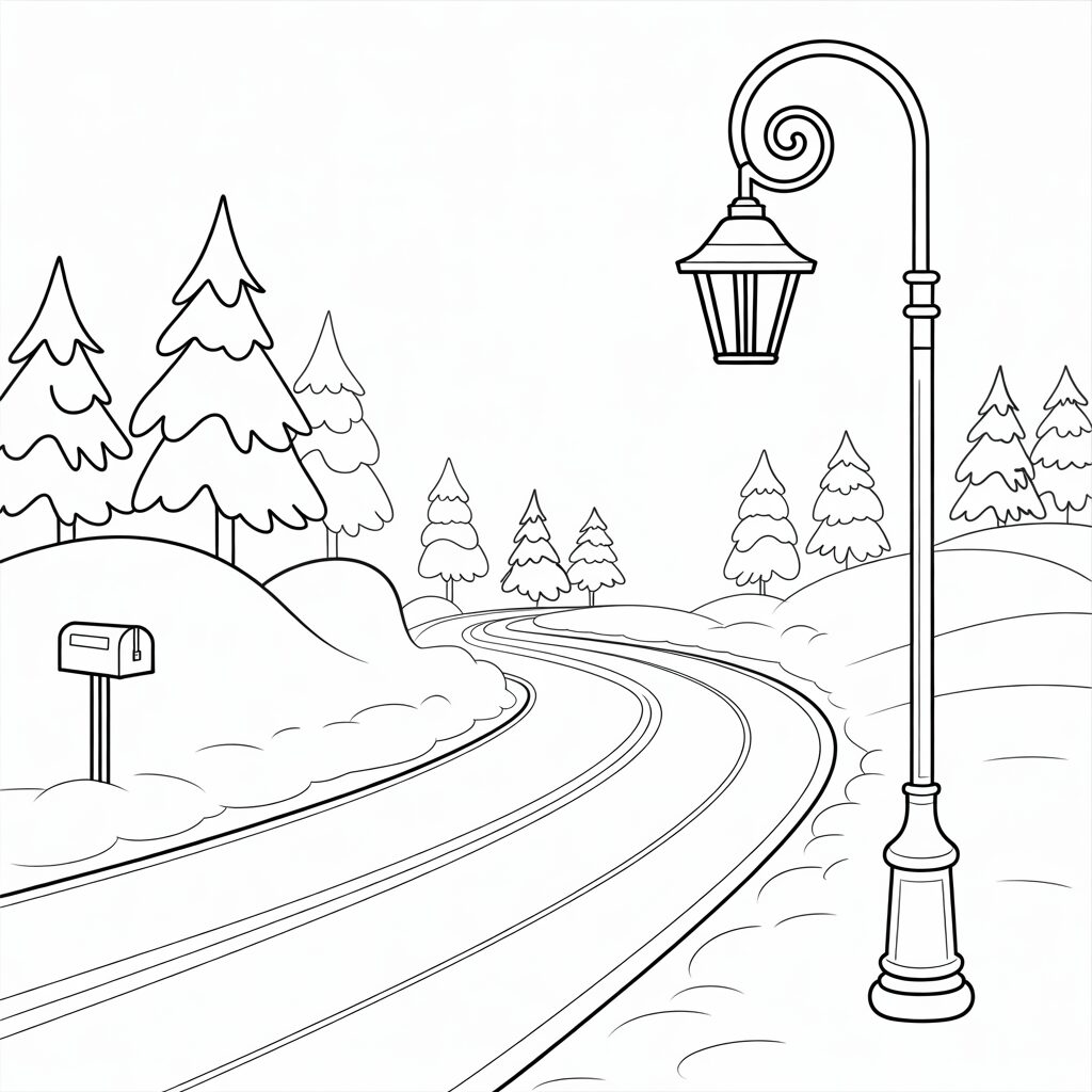 Sneeuwweg met lantaarnpaal kleurplaat