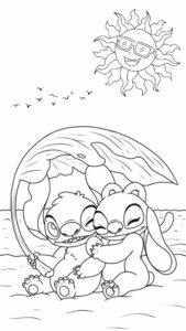 Stitch and Angel drawing on the beach