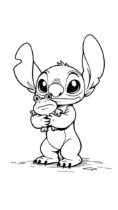 Stitch coloring page hugging a frog