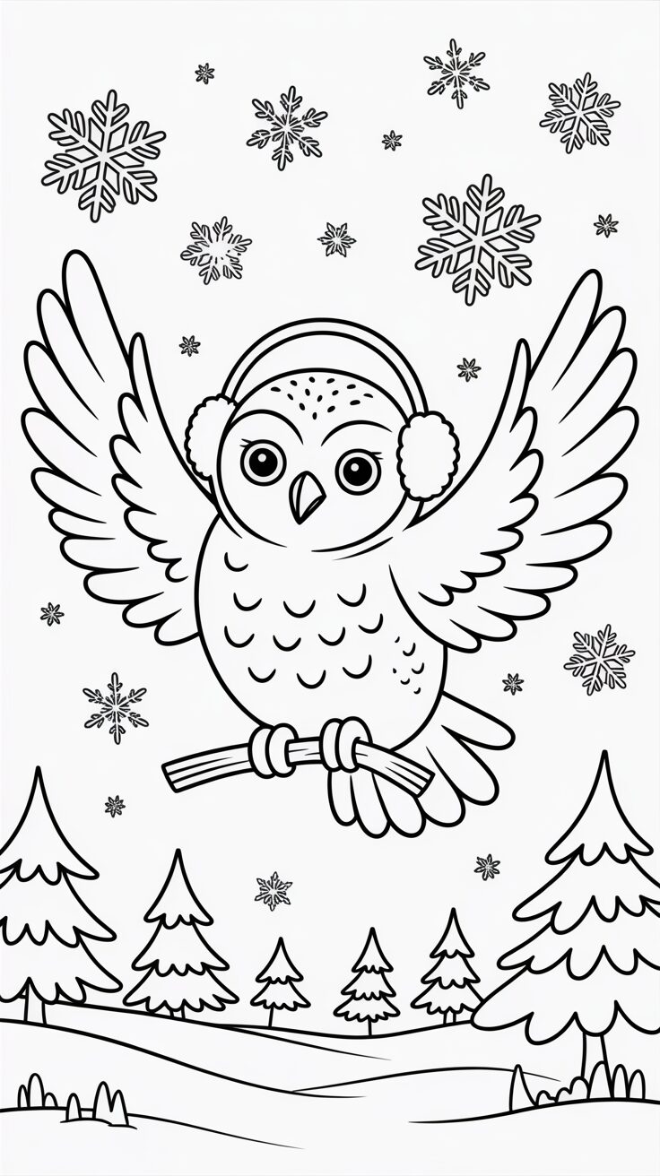 Uil met oorwarmers in de sneeuw kleurplaat