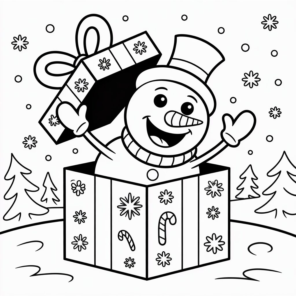 Verrassingssneeuwpop uit cadeaudoos kleurplaat