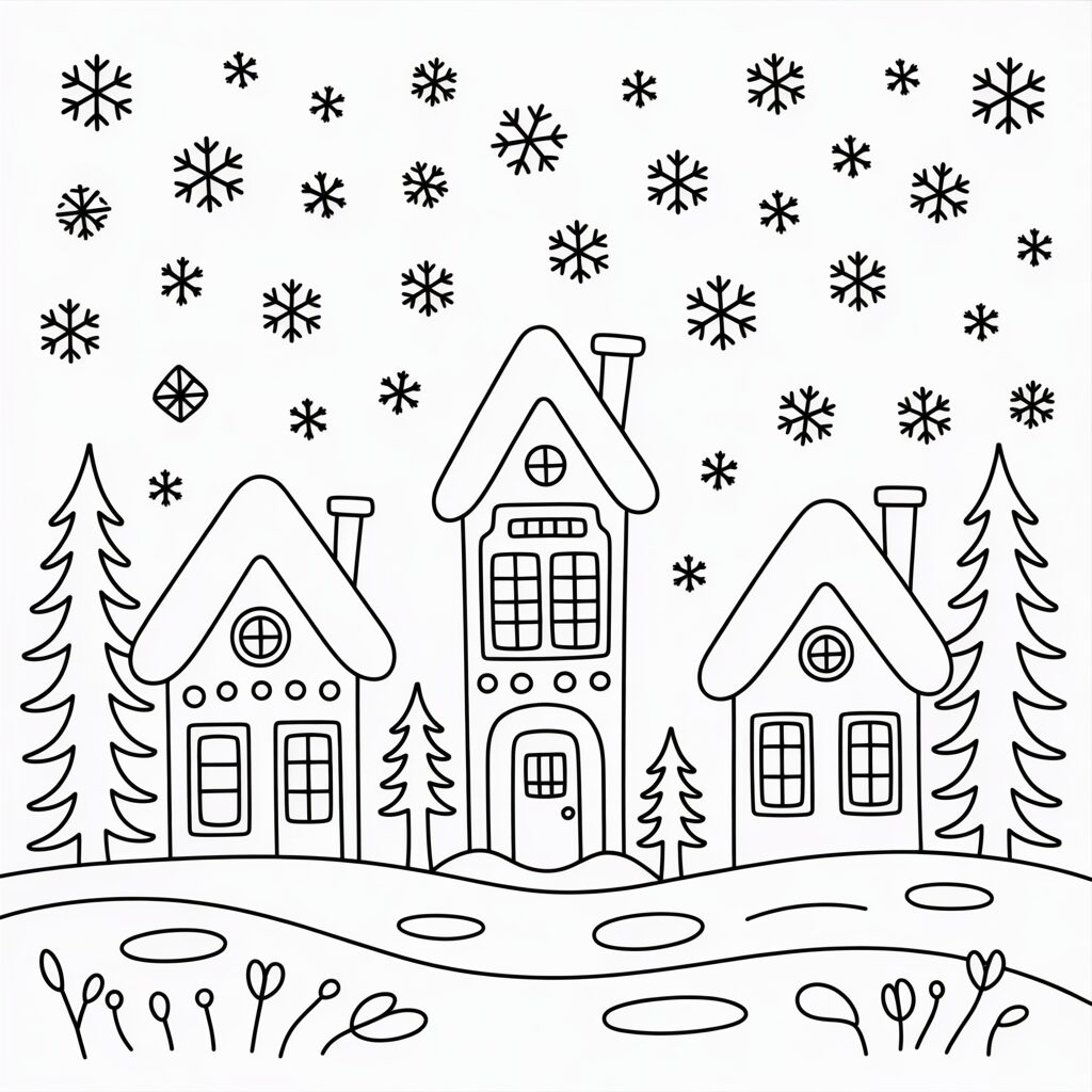 Winterdorp met drie huisjes kleurplaat