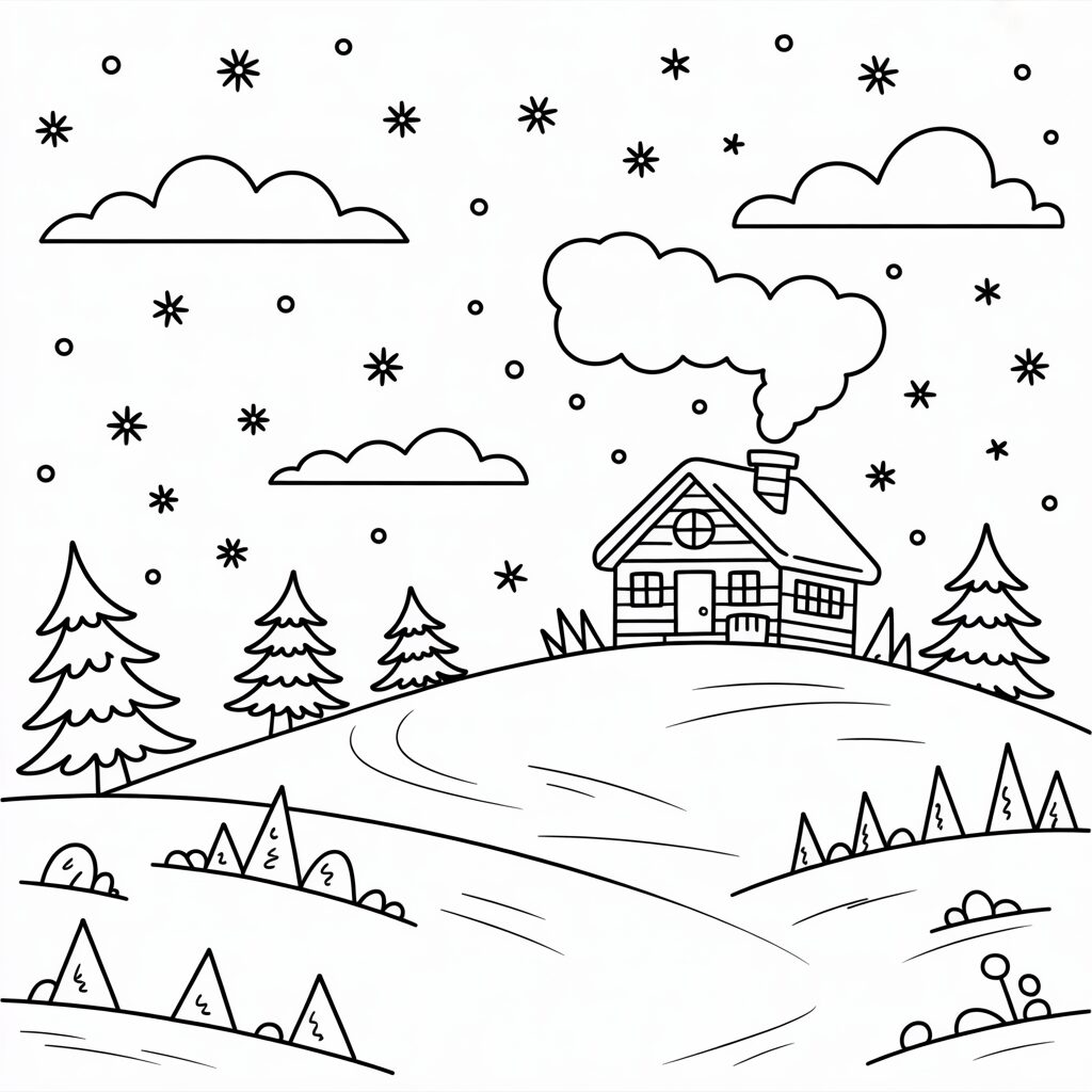 Winterheuvel met huisje en sneeuwvlokken kleurplaat