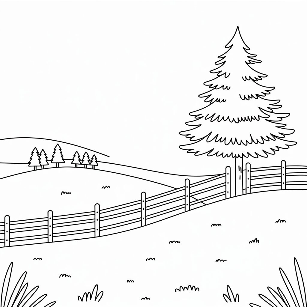 Winterlandschap met houten hek kleurplaat