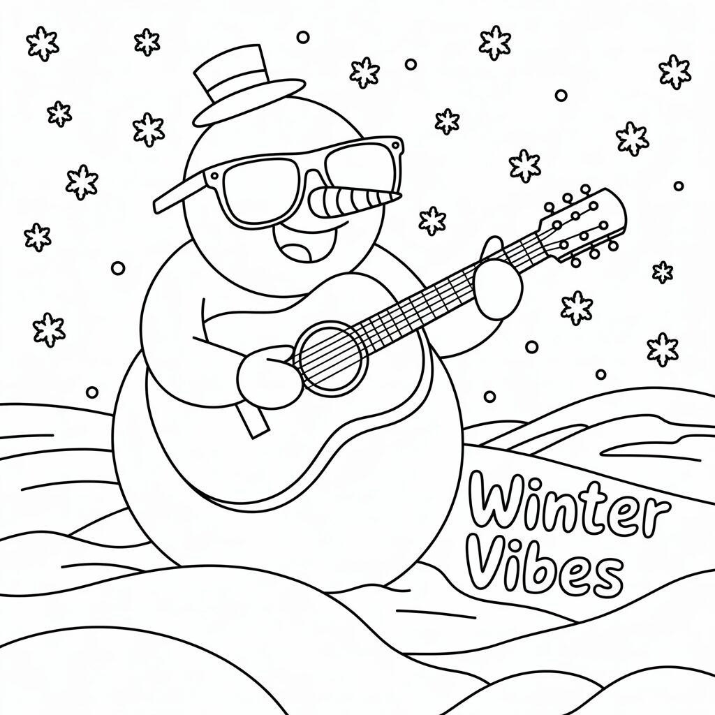 Zingende sneeuwpop met gitaar kleurplaat