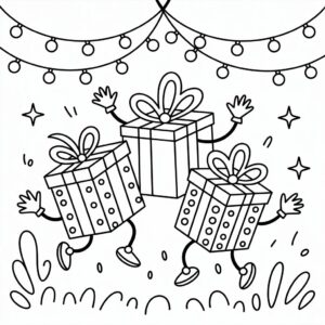 Tanzende Weihnachtsgeschenke Malvorlage für Kinder