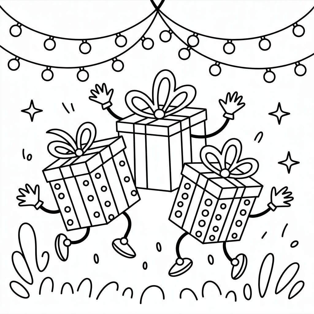 Tanzende Weihnachtsgeschenke Malvorlage für Kinder
