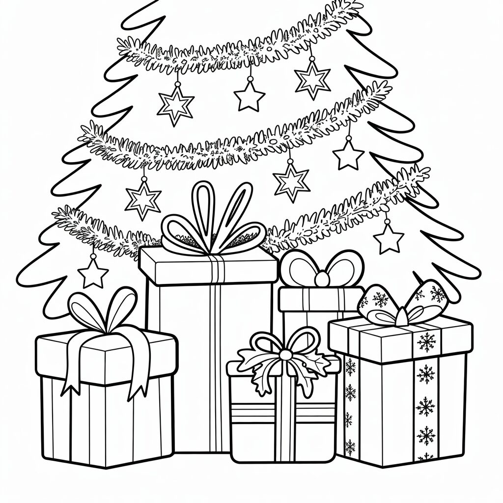 Weihnachtsgeschenke unter dem Weihnachtsbaum Malvorlage
