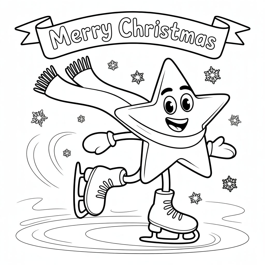Schlittschuh laufender Weihnachtsstern mit „Merry Christmas“ Malvorlage