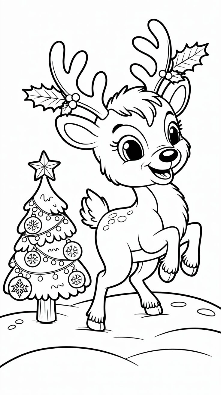 Rentier mit Weihnachtsbaum Malvorlage für Kinder