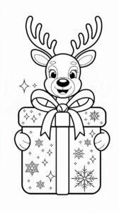 Rentier mit Geschenk Malvorlage für Kinder