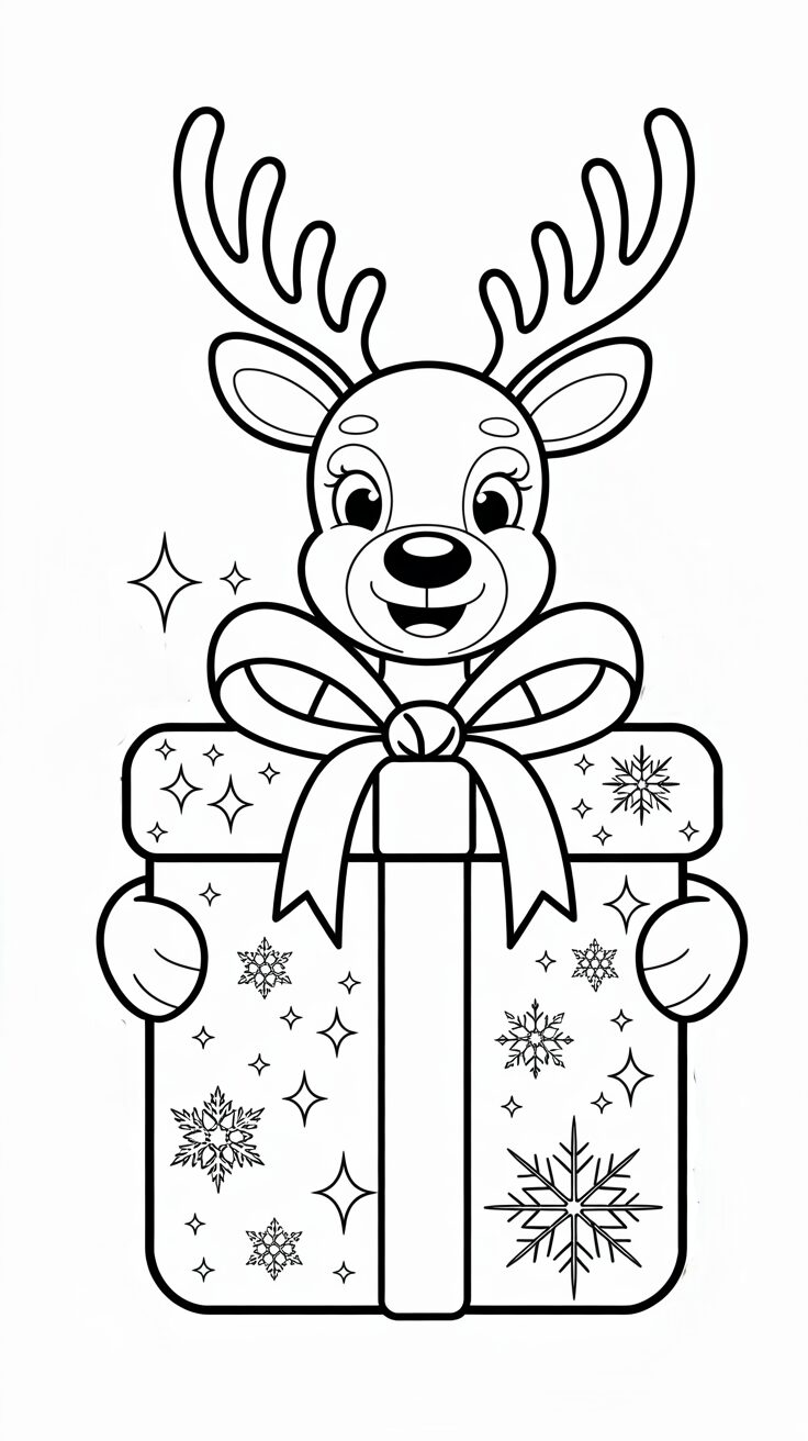 Rentier mit Geschenk Malvorlage für Kinder