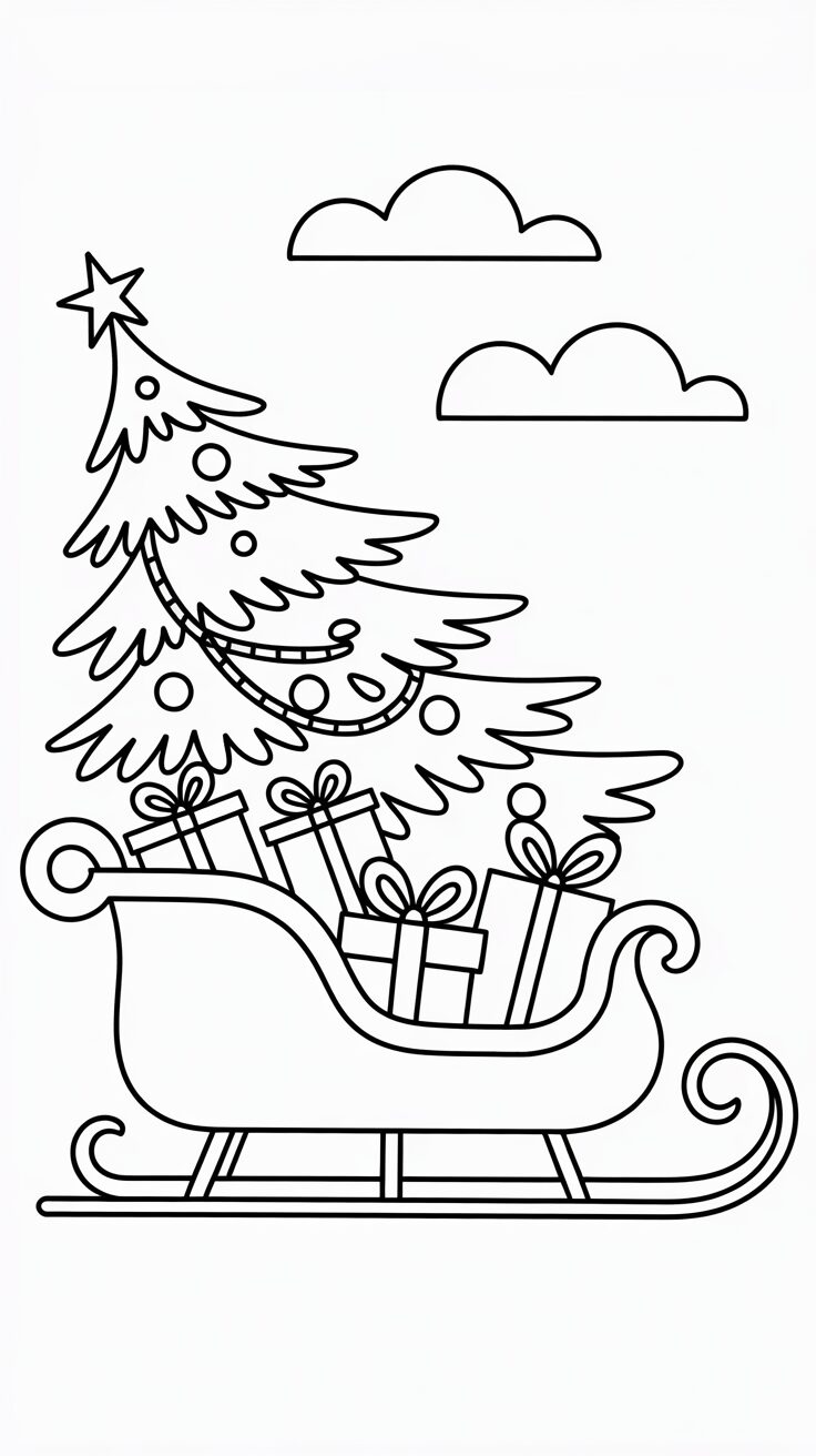 Einfaches Schlitten mit Weihnachtsbaum Malvorlage
