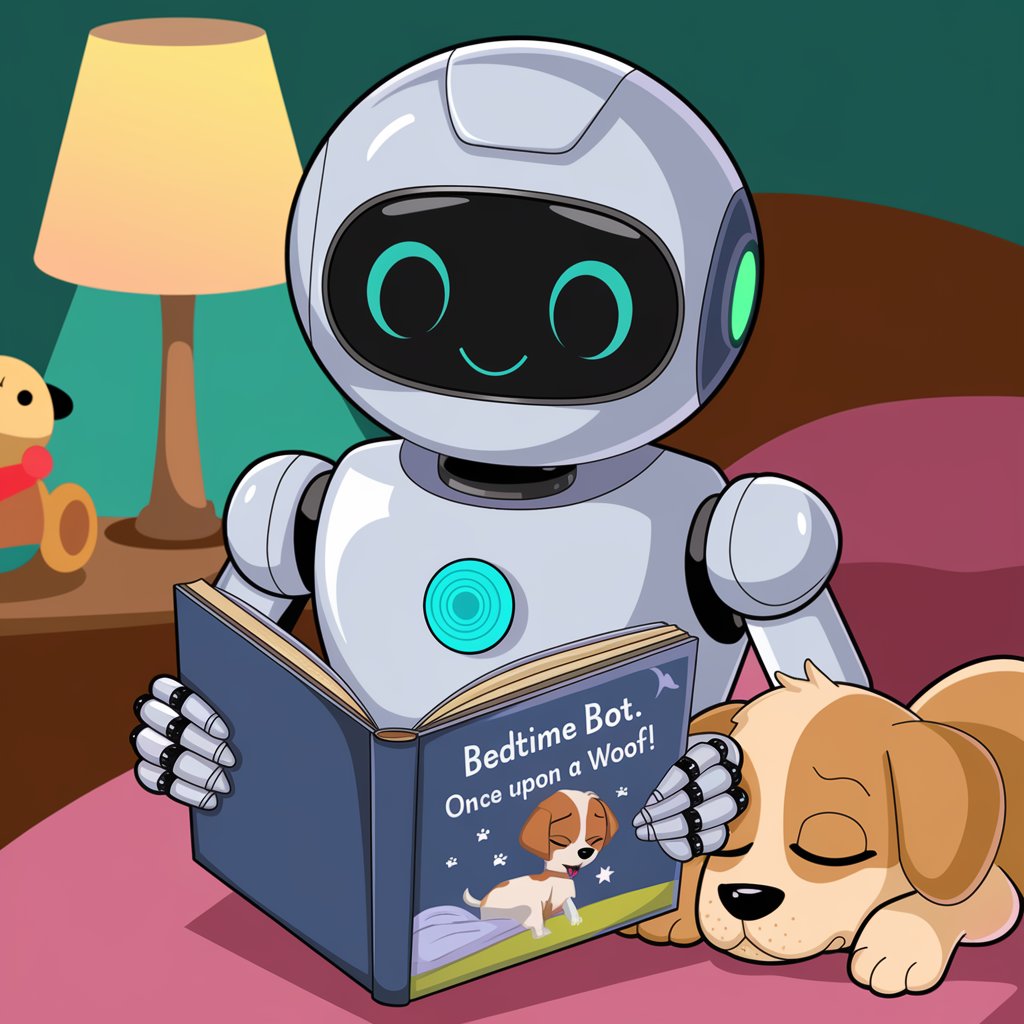 Robot leest een bedtijdverhaal voor aan een hond in een knusse sfeer