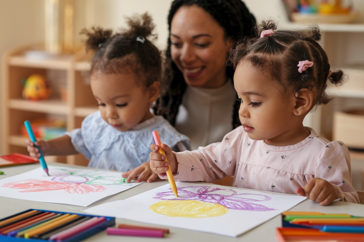 Kinderen gebruiken kleurpotloden