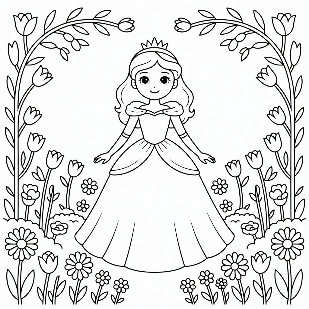 Coloriage Princesse dans un jardin de fleurs gratuit à imprimer