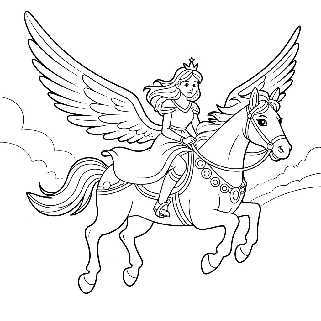 Coloriage Princesse sur un cheval magique gratuit à imprimer