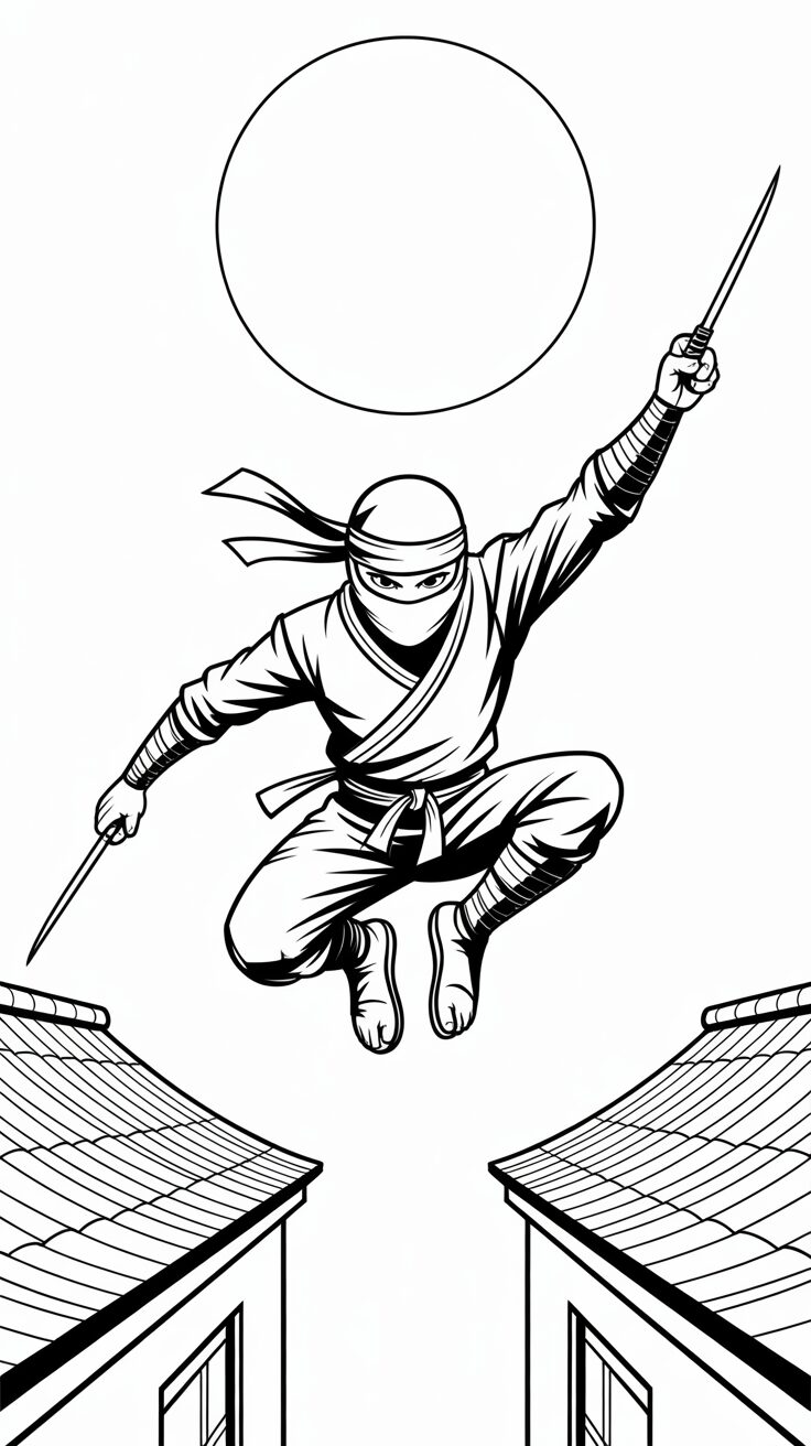 Downloadbare kleurplaat van Stealth Ninja bij maanlicht