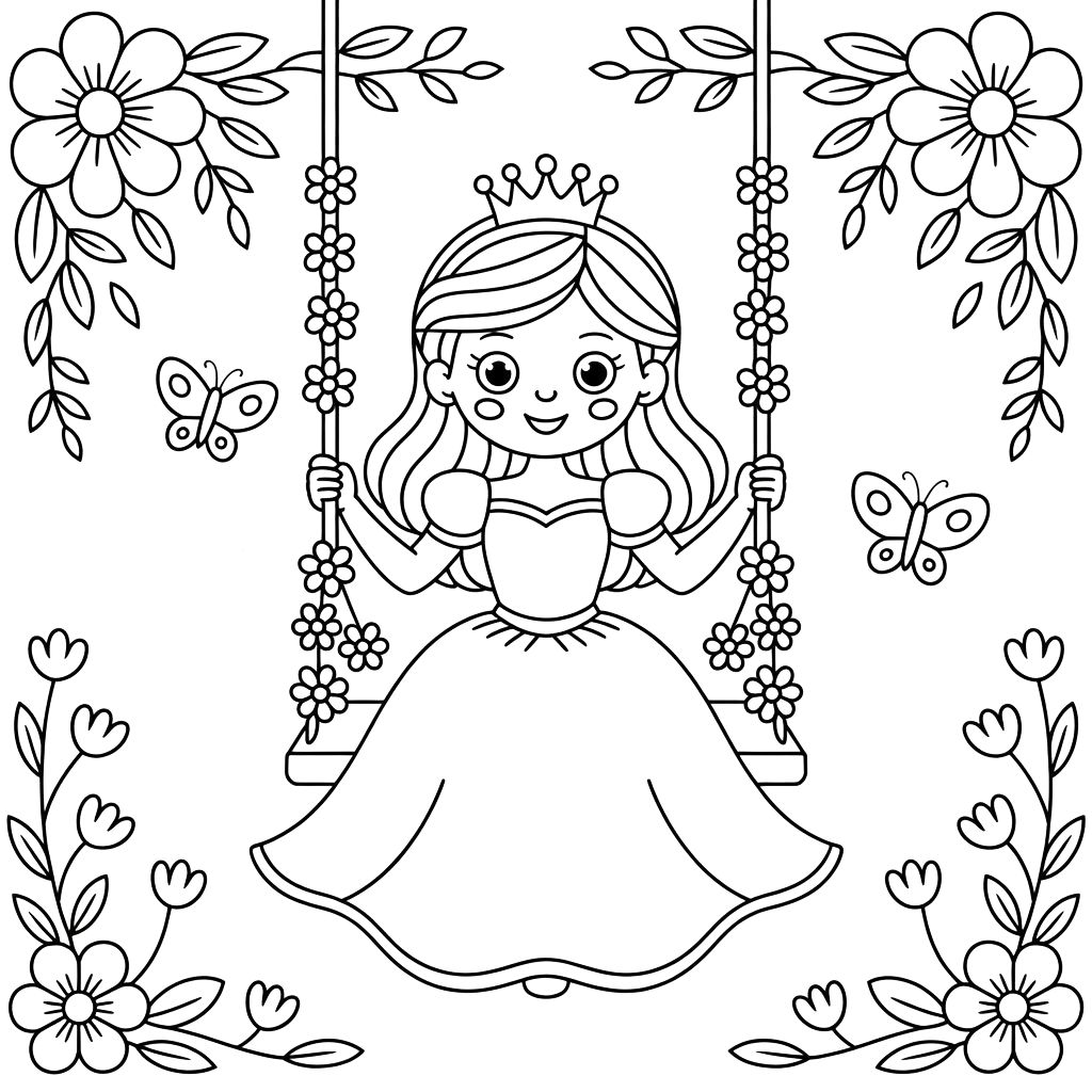 Image à colorier Princesse dans un jardin de fleurs print