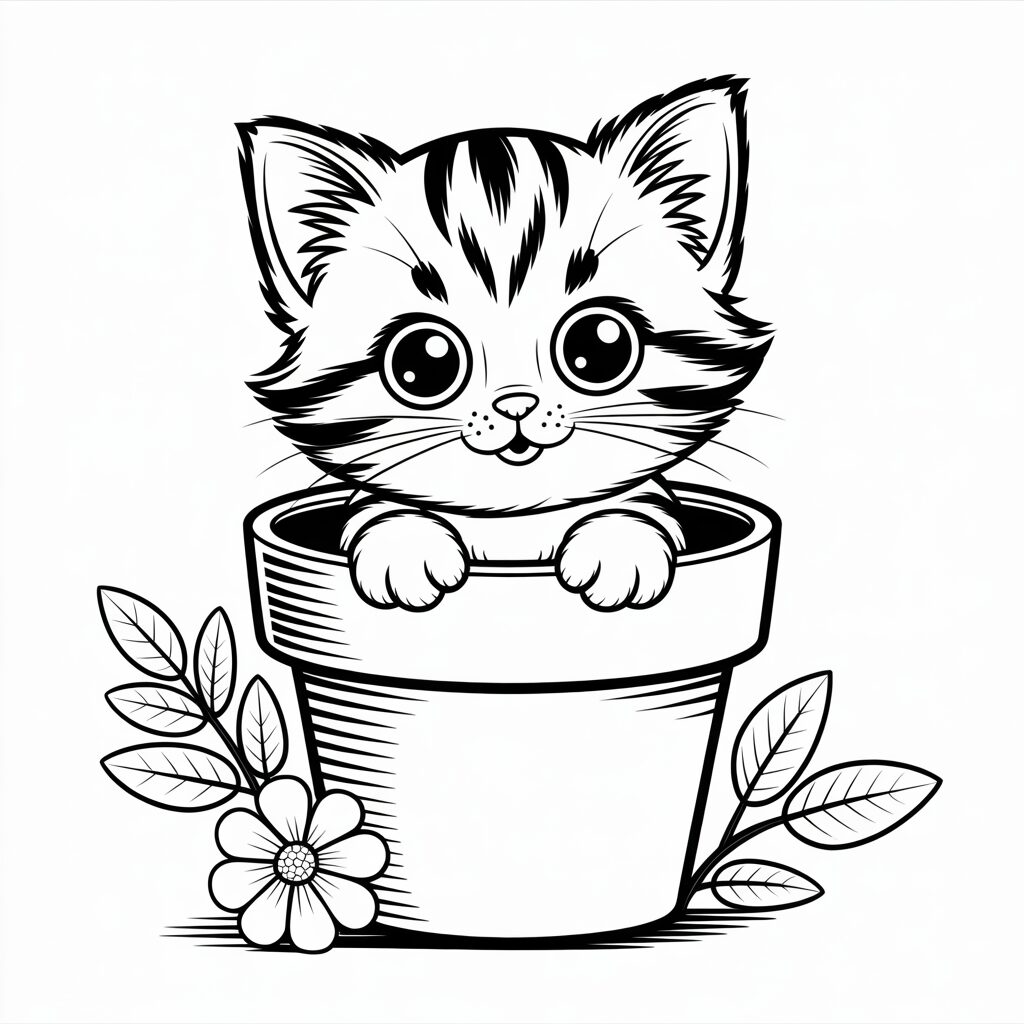Kätzchen im Blumentopf Malvorlagen kostenlos