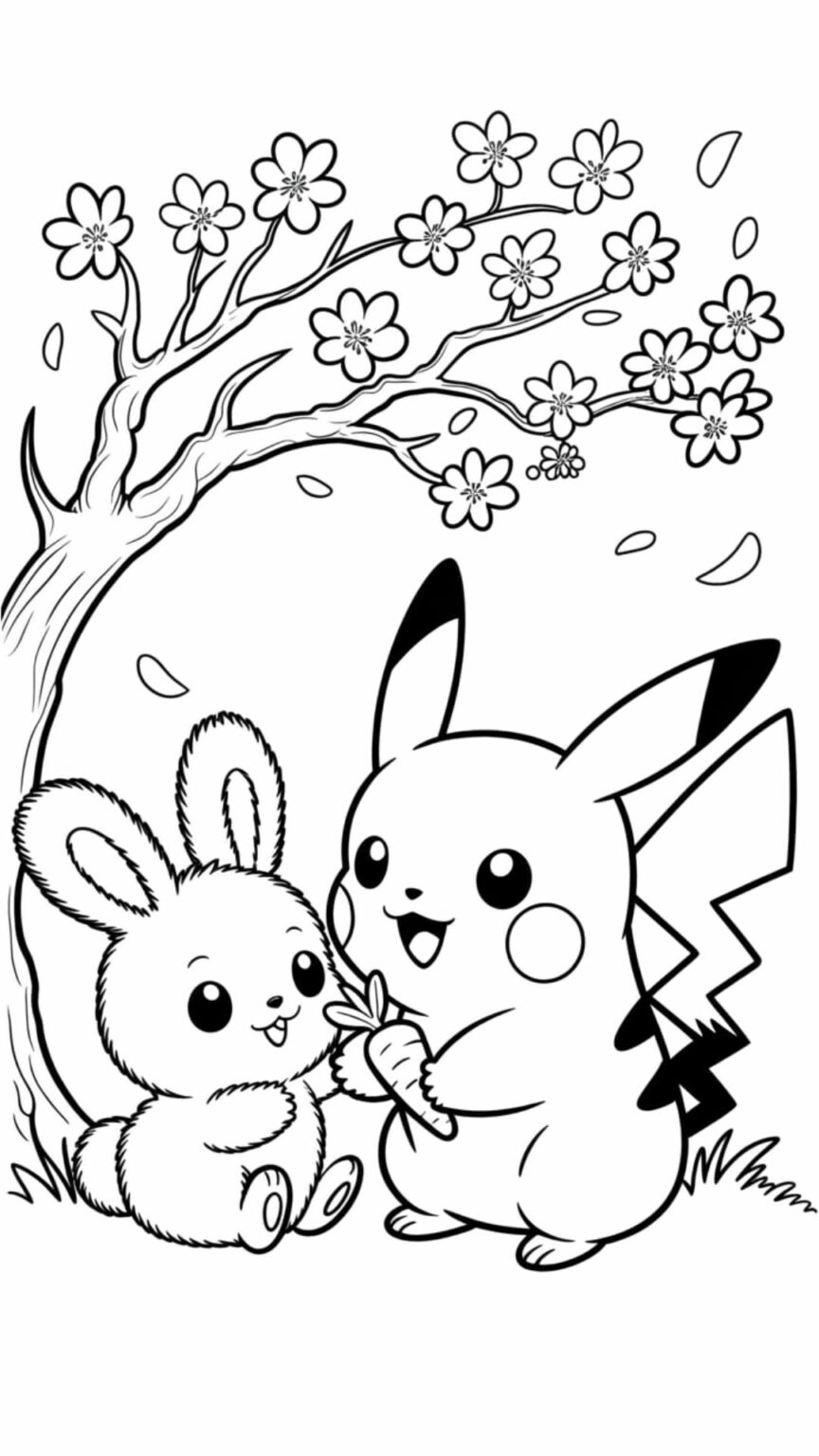 Pikachu With Bunny In Nature Coloring Page - AZkleur