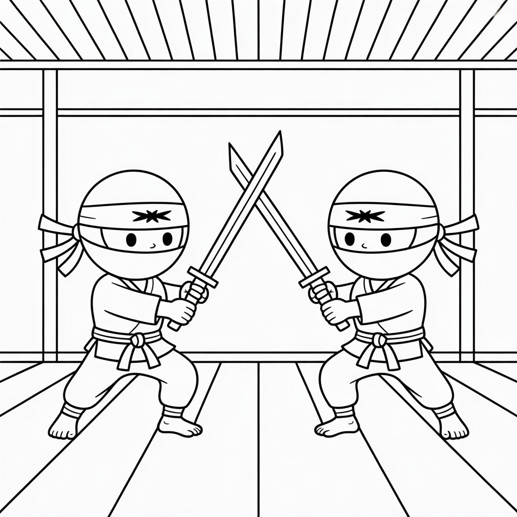 Printbare Ninja Training in de Dojo kleurplaat