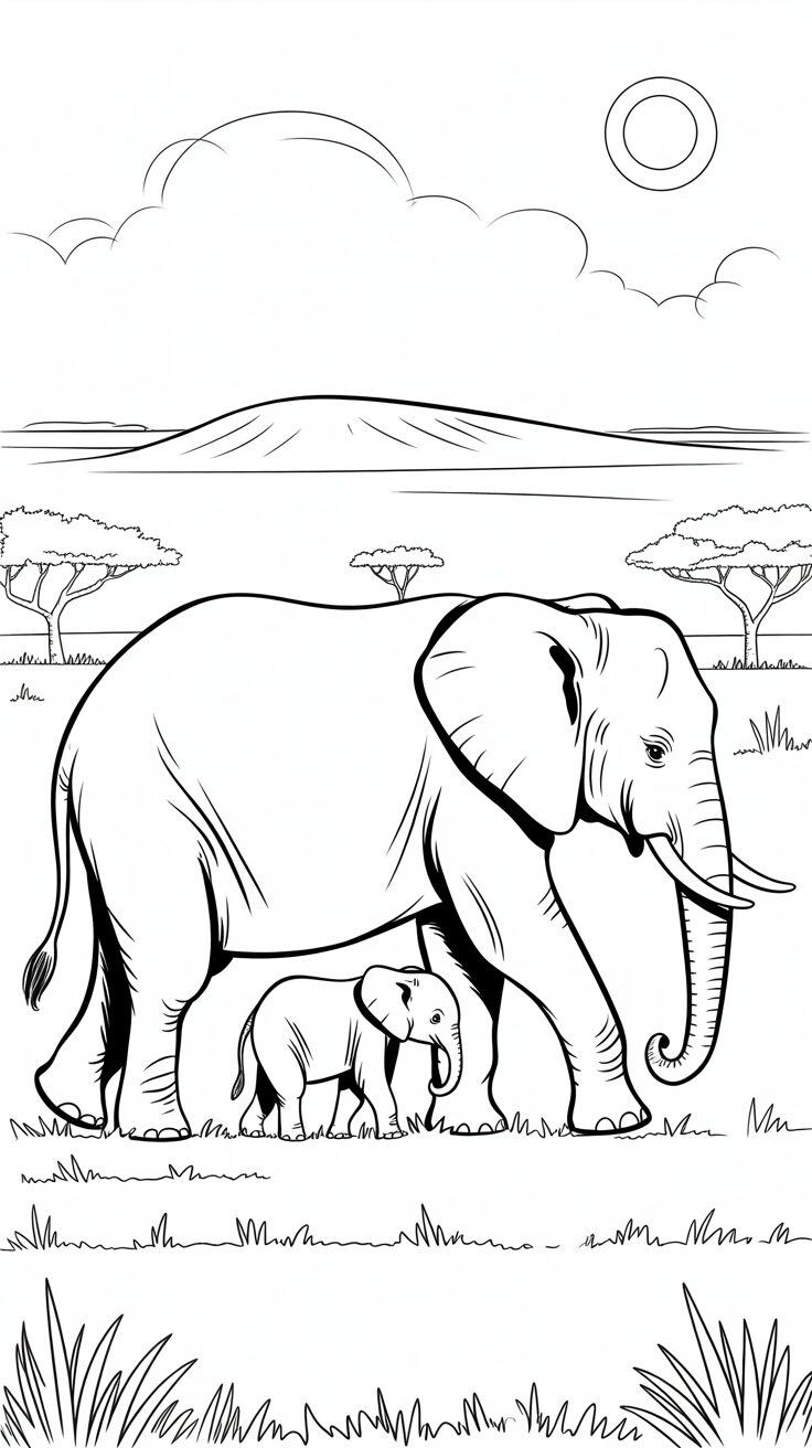 Savannenelefanten gratis Ausmalvorlagen zum Drucken