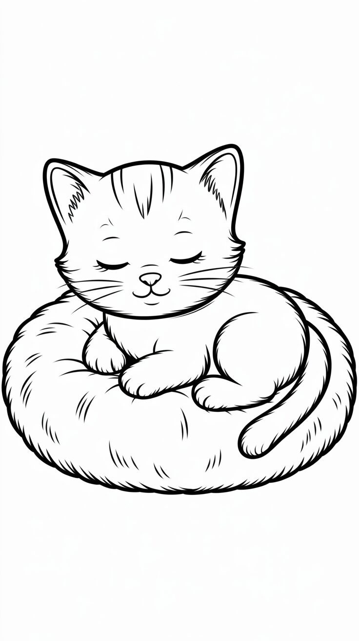 Schlafendes Kätzchen auf dem Kissen Ausmalvorlagen PDF