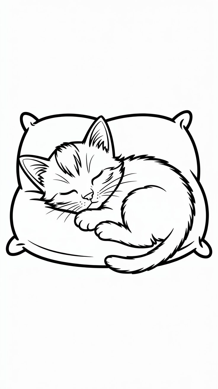 Schlafendes Kätzchen auf dem Kissen PDF zum Ausdrucken