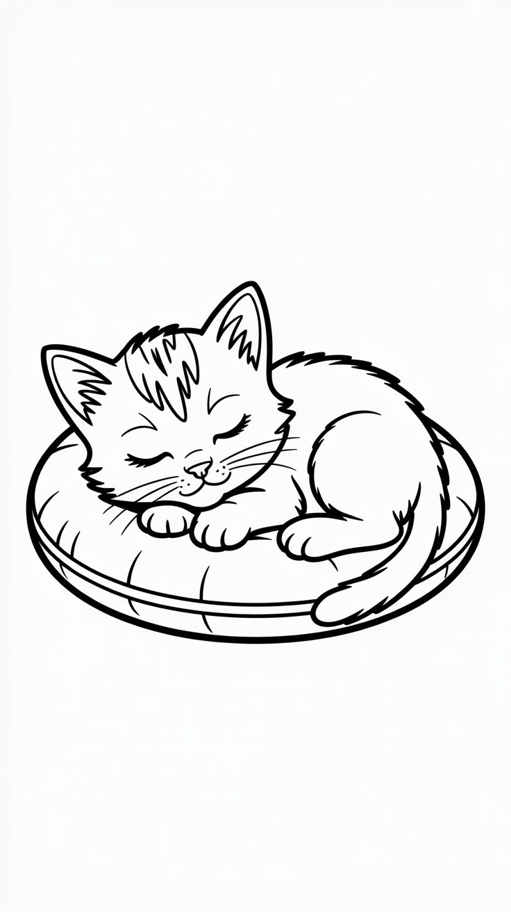 Schlafendes Kätzchen auf dem Kissen zum Ausmalen kostenlos