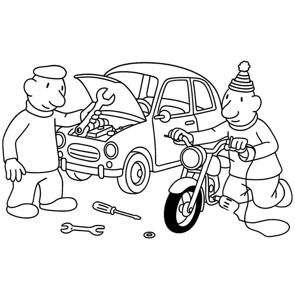 Buurman en Buurman repareren auto en motor kleurplaat