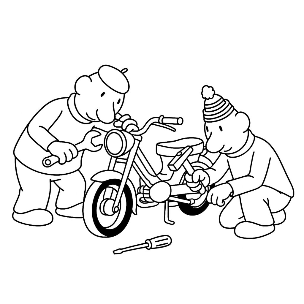 Buurman en Buurman sleutelen aan een motorfiets kleurplaat
