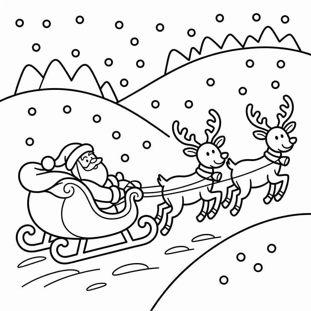 Download gratis kleurplaat Kerstman met rendieren