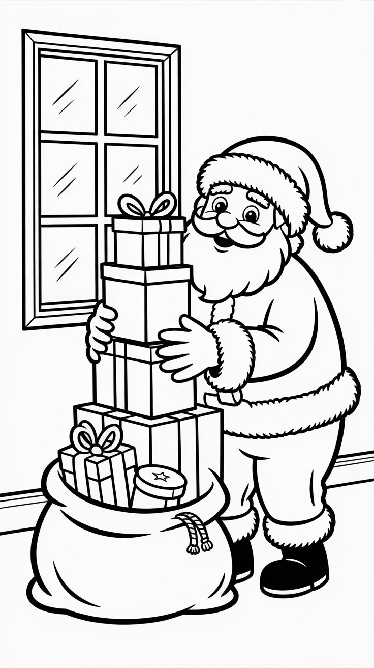 Download nu gratis Kerstman met cadeautjes kleurplaat