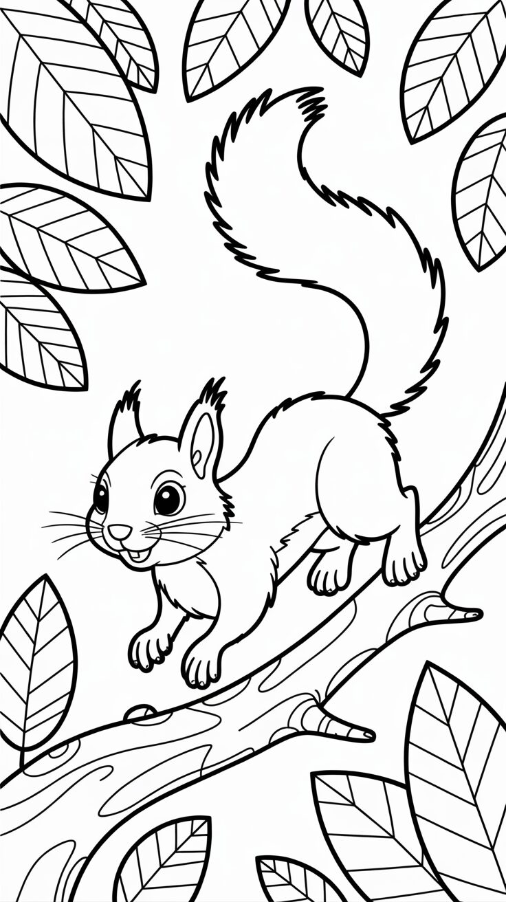 Gratis Malvorlage Eichhörnchen springt von Ast zu Ast