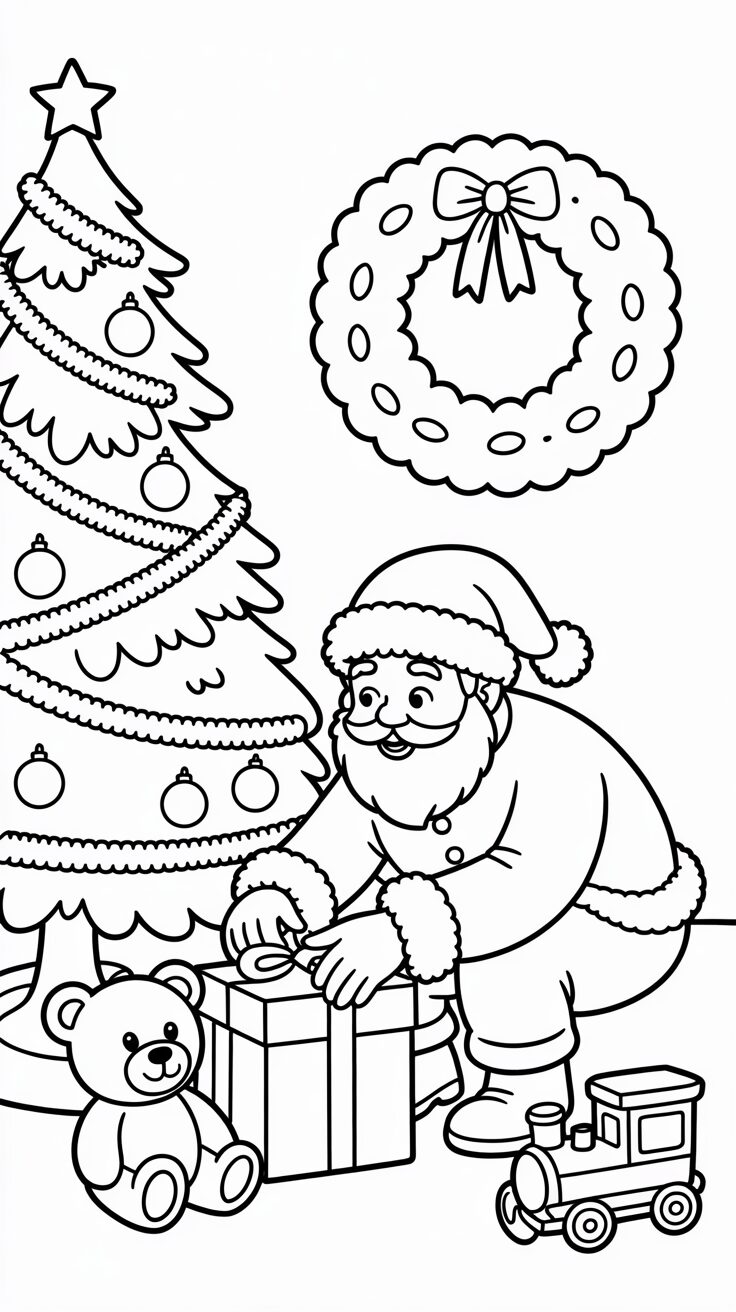 Gratis download kerstkleurplaat met cadeautjes van de Kerstman
