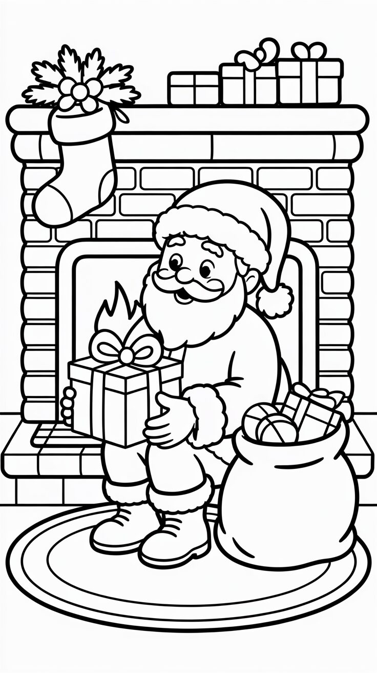 Gratis kleurplaat Kerstman deelt cadeautjes uit