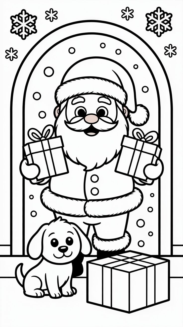 Kerstman deelt cadeautjes uit kleurplaat om gratis te printen