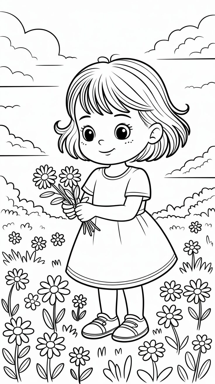 Mädchen beim Blumenpflücken Ausmalbild PDF