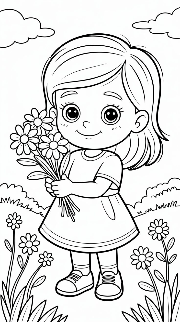 Mädchen beim Blumenpflücken zum Ausdrucken kostenlos