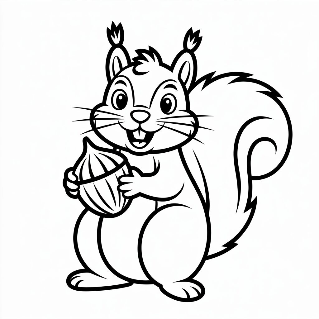 Niedliches Eichhörnchen mit Nuss – Malvorlage jetzt gratis herunterladen