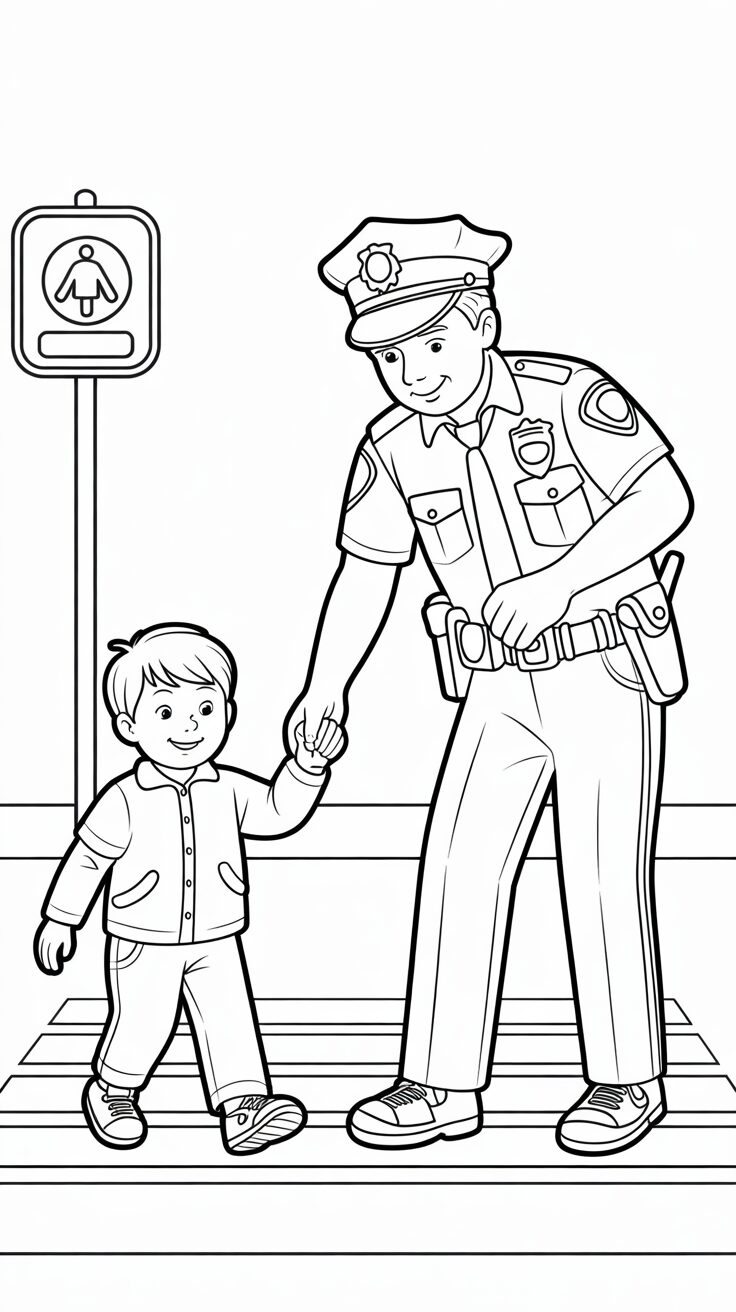 Polizist mit Kind über Straße kostenlos drucken